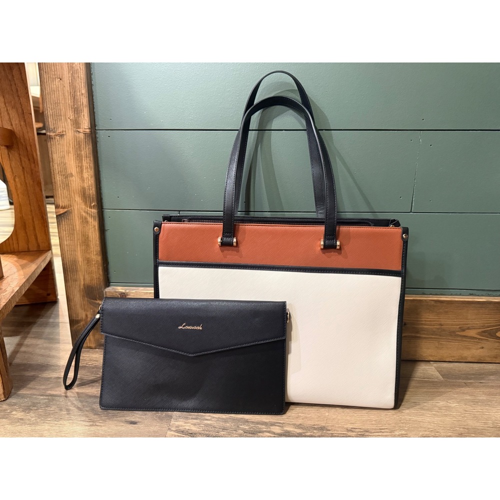 Lovevook Laptop Tote Bag and Wristlet Set Tri-Color Block Saffiano Work Bag